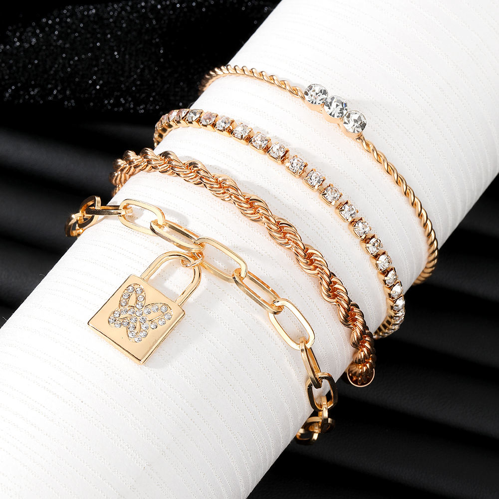 2024 New Trendy KC Gold Plated Butterfly Lock Chain Bracelet Set for Women  Jewelry Gift Crystal Charm Geometric Bangle Bracelet - Main Image