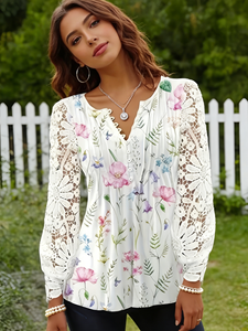 Chemisier Henley à manches longues pour femme grande taille, imprimé floral, en dentelle, col en V boutonné, bord festonné, décontracté, pour les vacances - Product Image 5