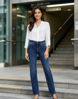 Jean en denim respirant pour femme, coupe droite, délavage foncé, taille mi-haute, 100 % coton, personnalisable, OEM, vente en gros