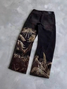 <span class=keywords><strong>Jeans</strong></span> Vintage Neri Effetto Acid Wash, Gamba Dritta Oversize con Ricamo Floreale, Stile Hip Hop, Denim Lavorato a Maglia per Autunno e Inverno - Product Image 5