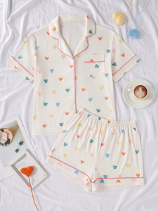 Camicia Casual <span class=keywords><strong>da</strong></span> donna estiva comoda <span class=keywords><strong>con</strong></span> <span class=keywords><strong>bottoni</strong></span> elasticizzati pantaloncini <span class=keywords><strong>da</strong></span> salotto <span class=keywords><strong>con</strong></span> stampa a cuore pigiama ODM lavorato a maglia - Product Image 2