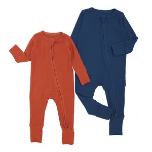 Hot Sales Ribbed Bamboo Viscose High Quality Newborn Infant Clothes Solid Colors Double Zipper Baby Rompers