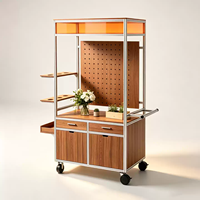 Chariot de présentation mobile pour fleuriste en profilé aluminium avec panneau perforé, tiroir et roulettes