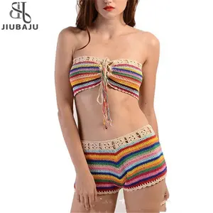 Traje de baño de rayas coloridas, Sexy biquini para mujer, conjunto de Bikini de punto de ganchillo hecho a mano, conjunto de traje de baño, Top corto, pantalones cortos