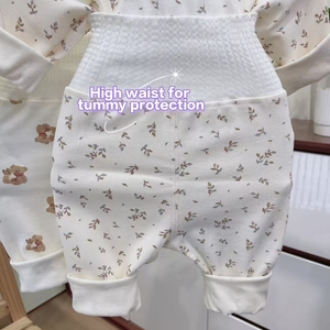 Conjunto de Pijama de 2 Piezas para Bebés, Otoño/Invierno, Cintura Alta, Protección Abdominal, Estampado Floral, Manga Larga, Casual, Transpirable - Product Image 3