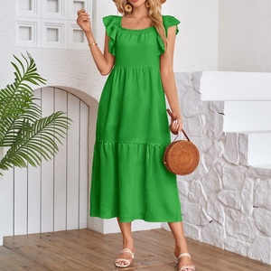 Vestidos de moda para mujer con cuello cuadrado, sin tirantes, mangas volantes y dobladillo plisado - Product Image 4