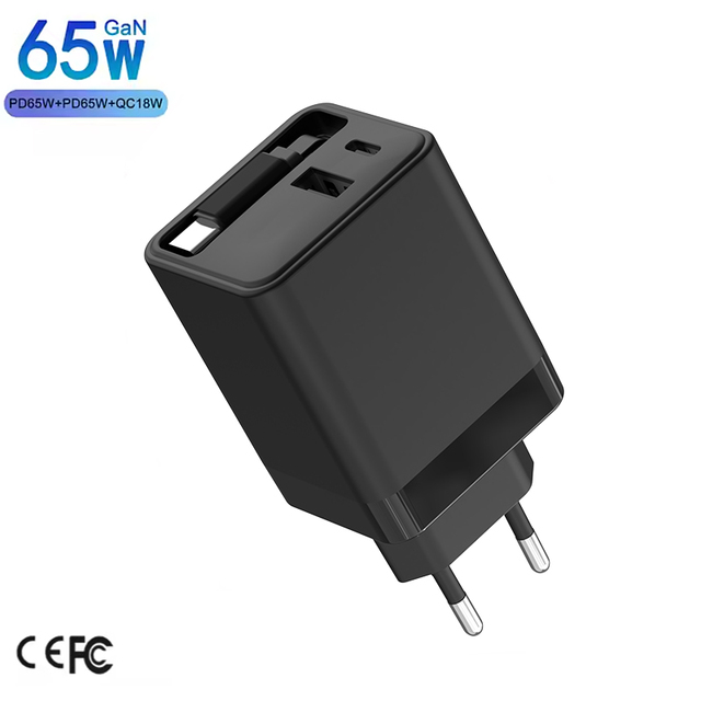 Black PD65W Retractable Wall Charger Laptop Tablet Fast USB C Block GaN Charger with Retractable Type-C Cable for Mobile Phone