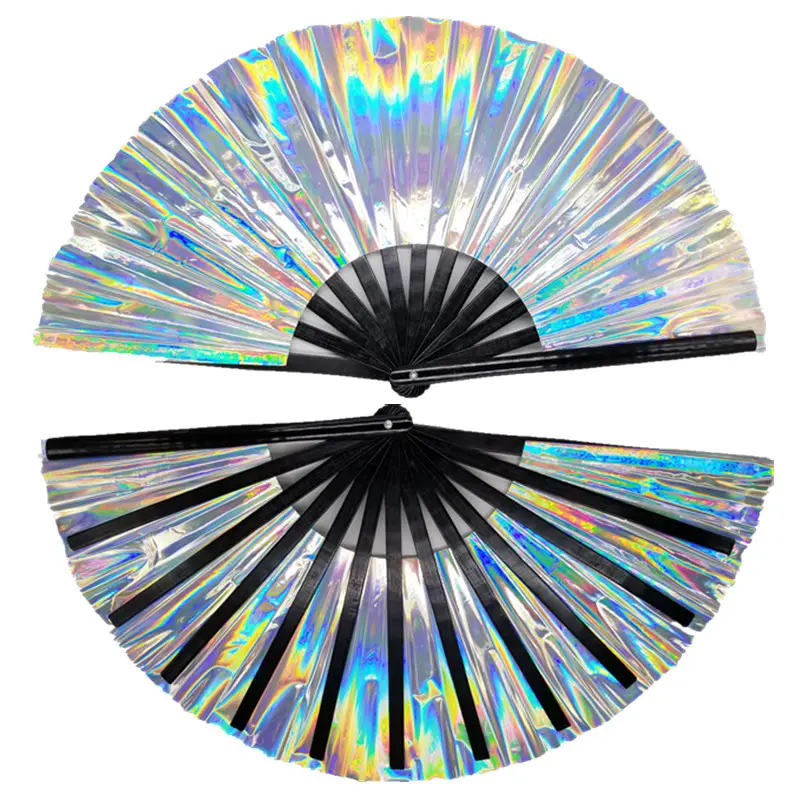 Hot Selling Holografische Iriserende Reflecterende Grote Bamboe Pvc Hand Fans Voor Rave Festival Wedding Party Dansvoorstelling Gift