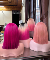 Perruque Lace Frontal Rose Lisse Effet Os, Coupe Bob Courte, Cheveux Humains Lisses Colorés, Mélange de Couleurs, Perruque Lace Closure, Perruques Cheveux Vierges