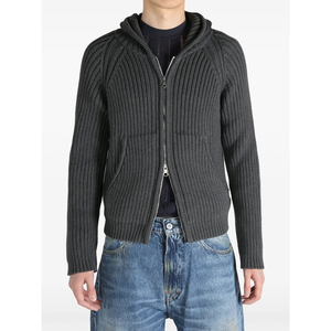 Suéteres con capucha de punto <span class=keywords><strong>gris</strong></span> oscuro ajustados de alta calidad personalizados con cierre de cremallera para hombre - Product Image 4