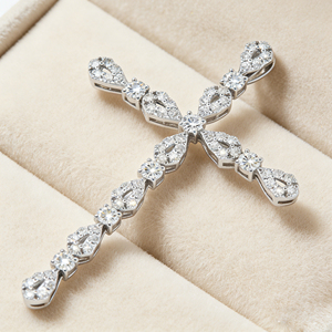 CUSTOM SILVER 10K/14K/18K GOLD PLATED LAB GROWN CVD DIAMOND CLASSIC ENGAGEMENT GIFT SWEATER <b>CHAIN</b> NECKLACE <b>CROSS</b> PENDANT - Product Image 2