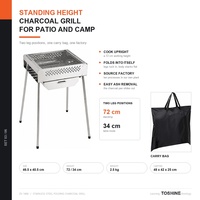 Barbecue au charbon pliable sur pieds, 72 cm, en acier inoxydable, portable pour terrasse, fêtes et traiteur