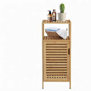 Meuble de rangement autoportant en bambou à porte simple avec étagère à lattes pour salle de bain, chambre et salon - Product Image 1