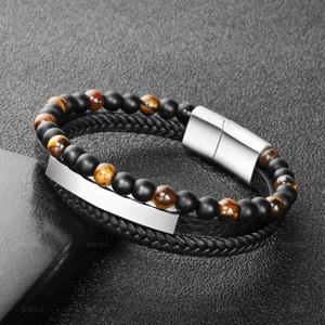 Pulsera de Cuero Negro Multicapa para Hombre, con Cuentas de Piedra Natural Ojo de Tigre, Cuerda Trenzada de Acero Inoxidable, Joyería de Moda - Product Image 4