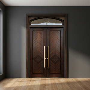 Puerta Doble de Entrada de Madera Sólida Contemporánea Golden Aero con Patrón Chevron y Manijas Doradas, Puerta Exterior Abatible para Apartamento o Villa - Product Image 1