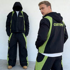 Tute da Uomo Trendy Nere e Verde Neon con Giacca con Cappuccio e Zip, <span class=keywords><strong>Pantaloni</strong></span> a Gamba Larga, Logo Personalizzato, Tasche Funzionali, Tute Oversize - Product Image 1