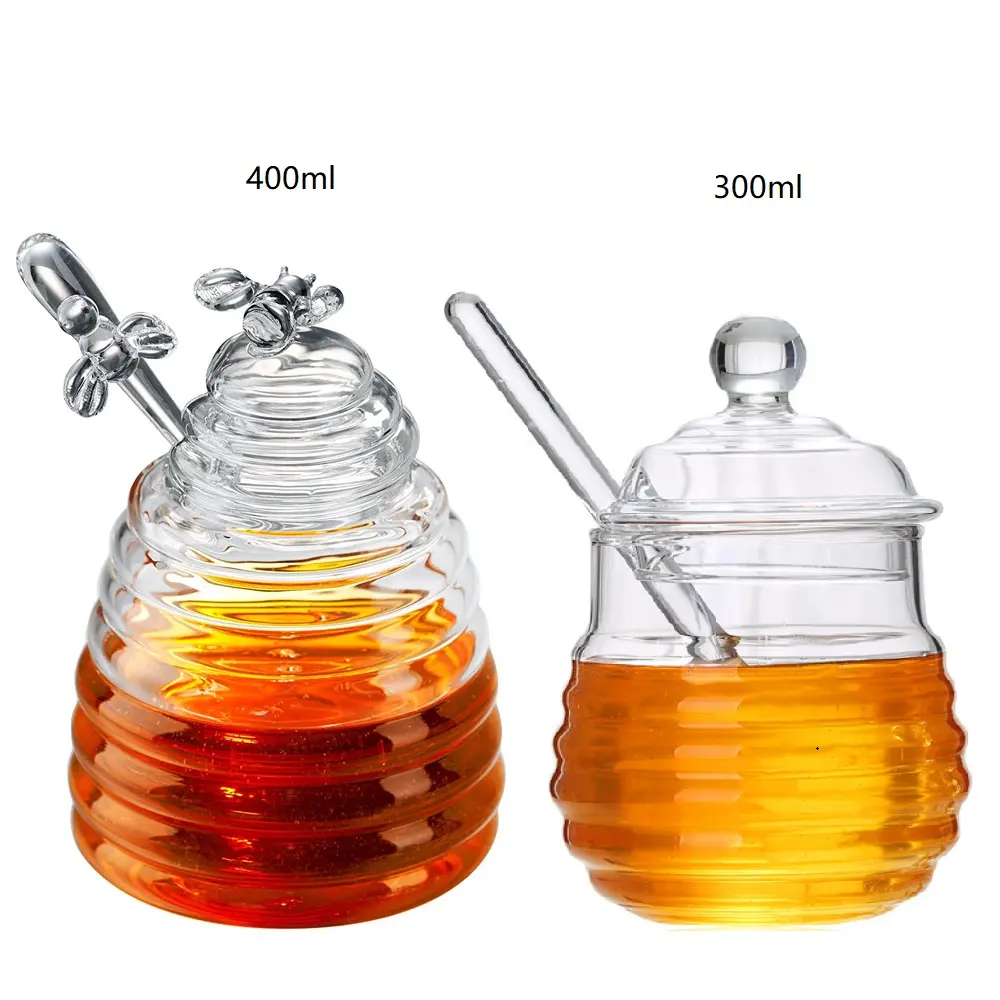 10Oz Hete Verkoop Handgemaakte Borosilicaatglas Honingpot Muddler Honingfles Met Glazen Stok
