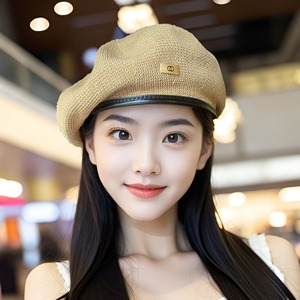Japanese Style Pu Brim Beret For Women Vintage Round Shade Hat Beige Khaki Black Comfortable Summer <b>Painter</b> Hat - Product Image 1