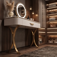 Coiffeuse Moderne Luxe Beige & Or en Bois avec Miroir Rond LED et Tabouret Matelassé - Ensemble Élégant pour Chambre/Salon