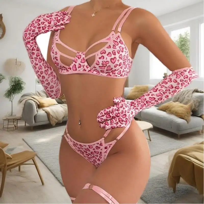 Di alta qualità Love Leopard Print Sexy biancheria intima uniforme Sexy Lingerie con guanti traforati rosa Sexy biancheria intima Set