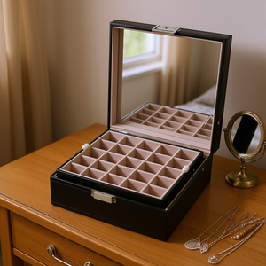 Organizador de pendientes de 2 niveles desmontable con 50 compartimentos, caja de joyería con espejo grande, contenedor de almacenamiento de cuero negro para uso doméstico - Product Image 2