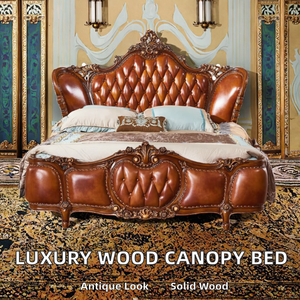 Lit à baldaquin de luxe européen antique, style Queen/King, en similicuir rembourré marron, avec cadre en bois massif, pour chambre à coucher, appartement, maison, mobilier de massage - Product Image 2