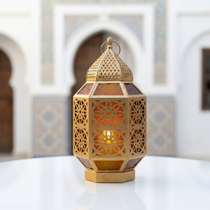 2026 Gold <b>Moroccan</b> Iron Durable Candle Holder Lanterns with Colorful Glass for Tabletop Home <b>Decorations</b> - Product Image 1