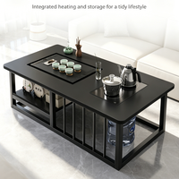 Table à thé Kung Fu noire avec bouilloire électrique intelligente et plateau de drainage, table basse en métal noir avec rangement pour salon et bureau