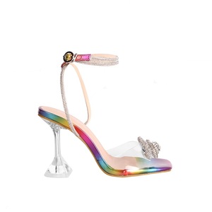 Sandales à talon pour femme, noires, transparentes, avec strass et nœud, bout carré, talon aiguille, collection mode 2025 - Product Image 6