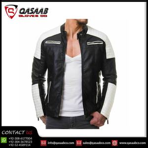 Cuello redondo elegante-Chaqueta de motorista ajustada en blanco y negro transpirable para hombre-Chaquetas de moda de cuero hechas a mano - Product Image 3