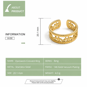 Bague ajustable en acier inoxydable ajourée en forme de croissant, plaquée or 14K sous vide, large bande, couleurs or et argent - Product Image 2