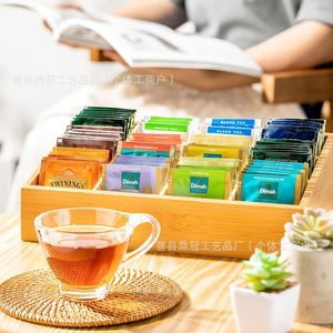 Boîte de rangement pour sachets de thé en bambou, tiroir à compartiments en bois, grande capacité, organisateur de bureau pour le rangement des dosettes de café - Product Image 2