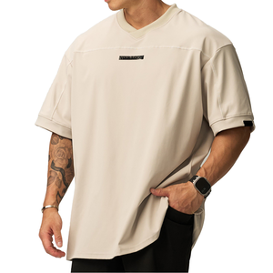 Men's Beige V-Neck Oversized Short Sleeve T-Shirt With Front Logo Print Casual Jersey Fit Breathable Cotton Top - Product Image 1
