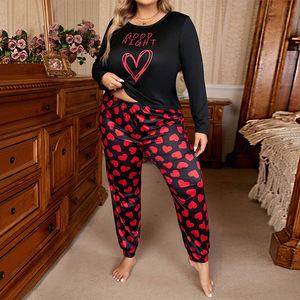 Automne et hiver <span class=keywords><strong>grande</strong></span> <span class=keywords><strong>taille</strong></span> femmes pyjamas pêche coeur imprimé col rond à manches longues pantalon deux pièces décontracté vêtements de maison - Product Image 2