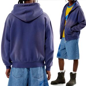 Sweat à capuche zippé intégral Streetwear pour Hommes, avec logo personnalisé, clouté métallique, en molleton épais délavé effet vieilli, coupe oversize - Product Image 6