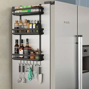 3-<b>Basket</b> Magnetic Carbon Steel Folding Spice Rack with Hook <b>for</b> Wall Mounted Fridge Organizer - Product Image 1