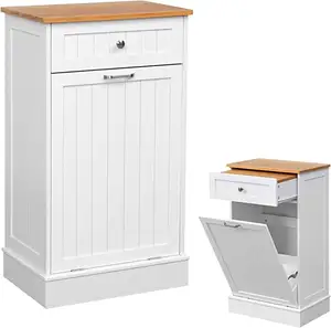 Free Standing Wooden Kitchen Trash Can Recycling Hideaway Tilt Out Trash Cabinet with Drawer