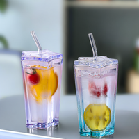 Mug en verre borosilicate de 300 ml, double paroi, en forme d'étoile à cinq branches, coloré, pour jus, lait, café, avec couvercle et paille