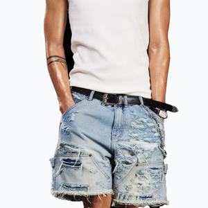 Shorts en jean décontractés pour hommes, coupe classique, déchirés et usés, unisexe, mode estivale, coupe ample et déstructurée - Product Image 1