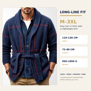 Cardigã Masculino de Tricô Longo com Cinto e Gola Xale Xadrez 100% Poliéster Vintage Jaqueta de Inverno Atacado OEM - Product Image 5
