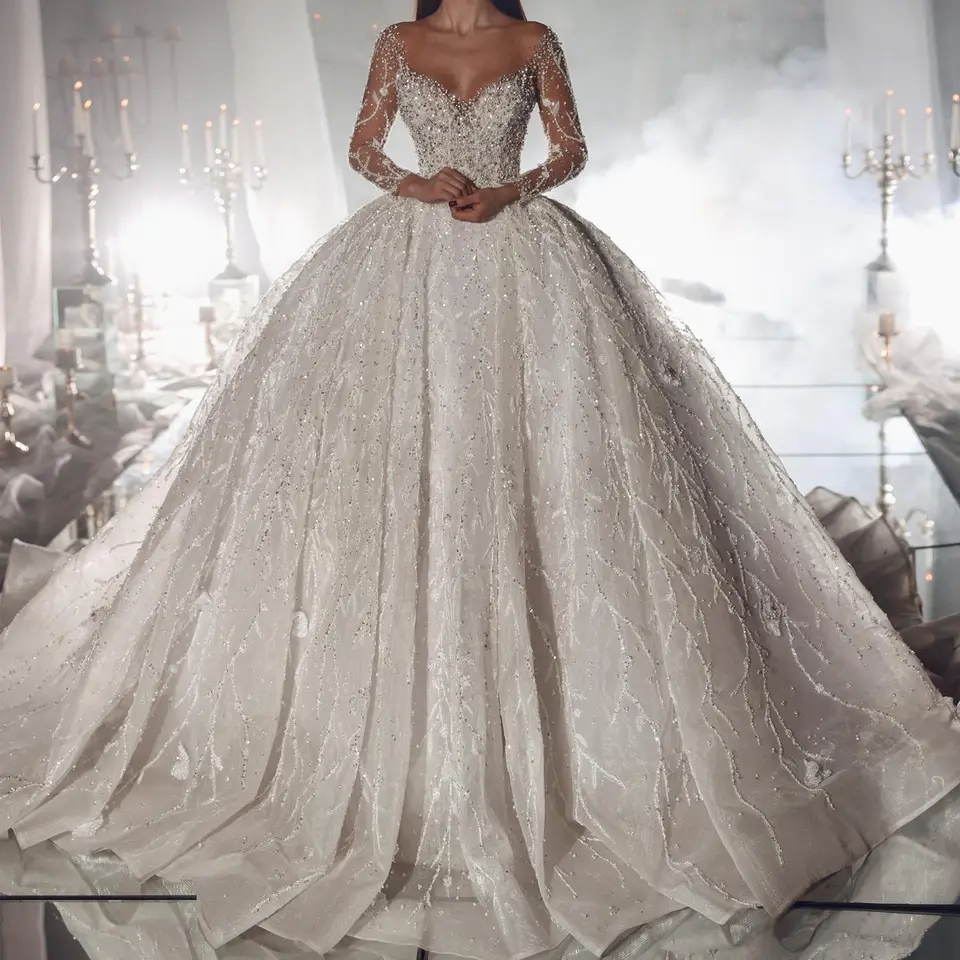 open lace back dress Sparkle Beaded Wedding Dress Ball Gown Long Sleeves – Lisposa main image 0