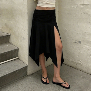 Black Fold-Over Waistband High Slit Asymmetric Breathable Ruched Summer Casual Women's Midi <b>Skirt</b> - Product Image 4