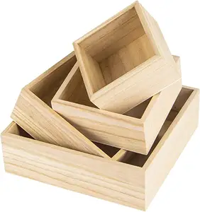 4 Sizes Rustic Small Square Wood Box for DIY Craft Storage Organizer Centerpiece Box for Home