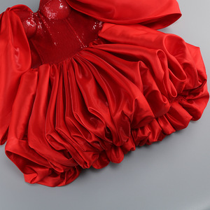 Women's <b>Red</b> <b>Sequin</b> & Satin Dress - Off-the-Shoulder With Dramatic Puffed Sleeves Dresses Fashion - Product Image 6
