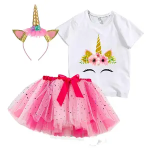 8T Gadis Pakaian Unicorn Kostum 2-9T Unicorn Lengan Pendek Berbulu Tulle Rok 3Pcs Unicorn Anak-anak Pakaian Roti-007