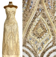 Dentelle en tulle vintage à motifs géométriques Paisley symétriques, ornée de strass, perles, sequins et perles lourdes pour robe de soirée sirène ou de mariée