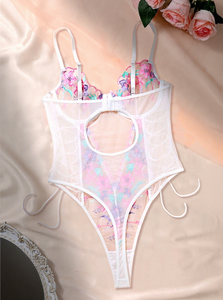 Combinaison sexy pour femme en dentelle florale brodée, maille transparente légère, push-up, lingerie transparente tentante, bretelles réglables, romantique - Product Image 3
