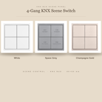 Panneau d'interrupteurs mural KNX 4 voies 4 gangs en polycarbonate pour la commande de scènes domotiques, l'éclairage, la variation de luminosité et l'automatisation des rideaux