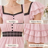 Robe mini pour femme OEM, légère, tissée, à pois, avec dentelle, manches volantées, ourlet à volants, coupe trapèze
