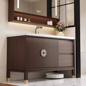 Meuble de salle de bain en chêne avec vasque intégrée en céramique, vasque intelligente, combinaison meuble-lavabo et miroir - Product Image 2